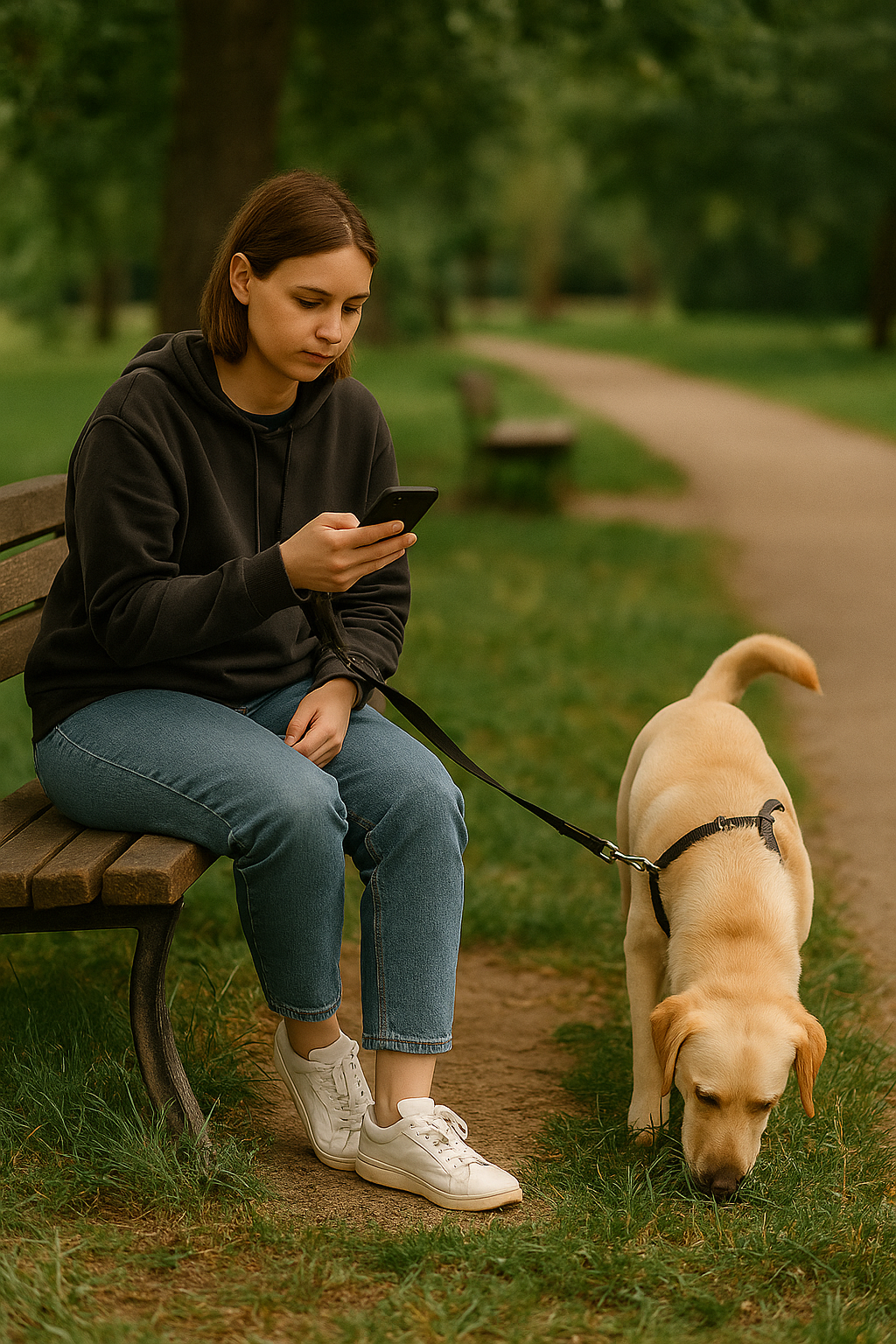 Kobieta siedzi na ławce w parku z psem, który wącha trawę - naturalny kontakt ze środowiskiem i mikroorganizmami wzmacnia wspólną odporność.