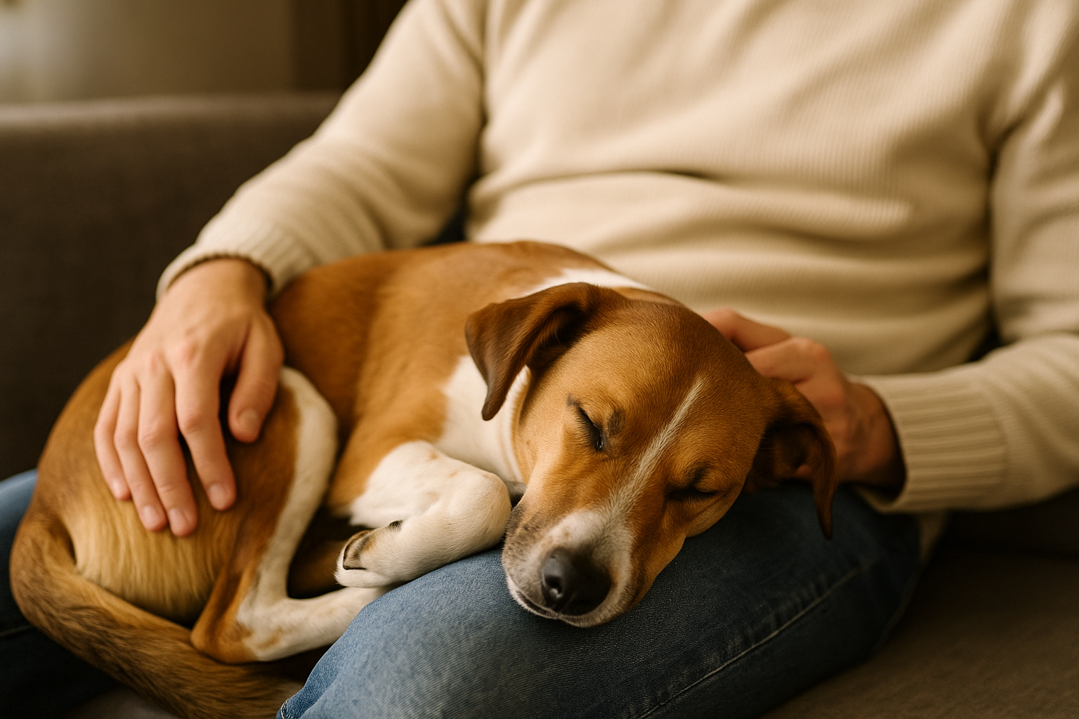 Pies śpi na kolanach właściciela - symbol bliskości i wymiany mikroorganizmów skóry człowieka i psa.
