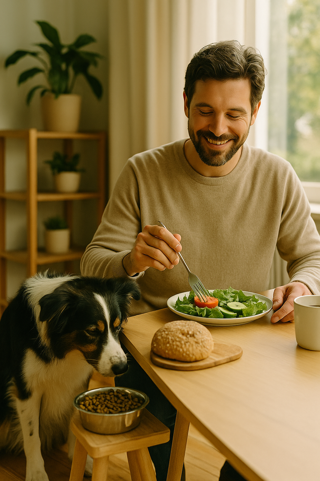 Mężczyzna je sałatkę obok psa z miską karmy - pokazanie, że mikrobiom psa i człowieka różni się w zależności od diety, ale działa według podobnych zasad.