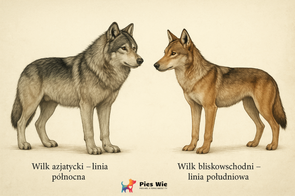 Infografika - dwie linie prehistorycznych wilków - azjatyckiej i bliskowschodniej