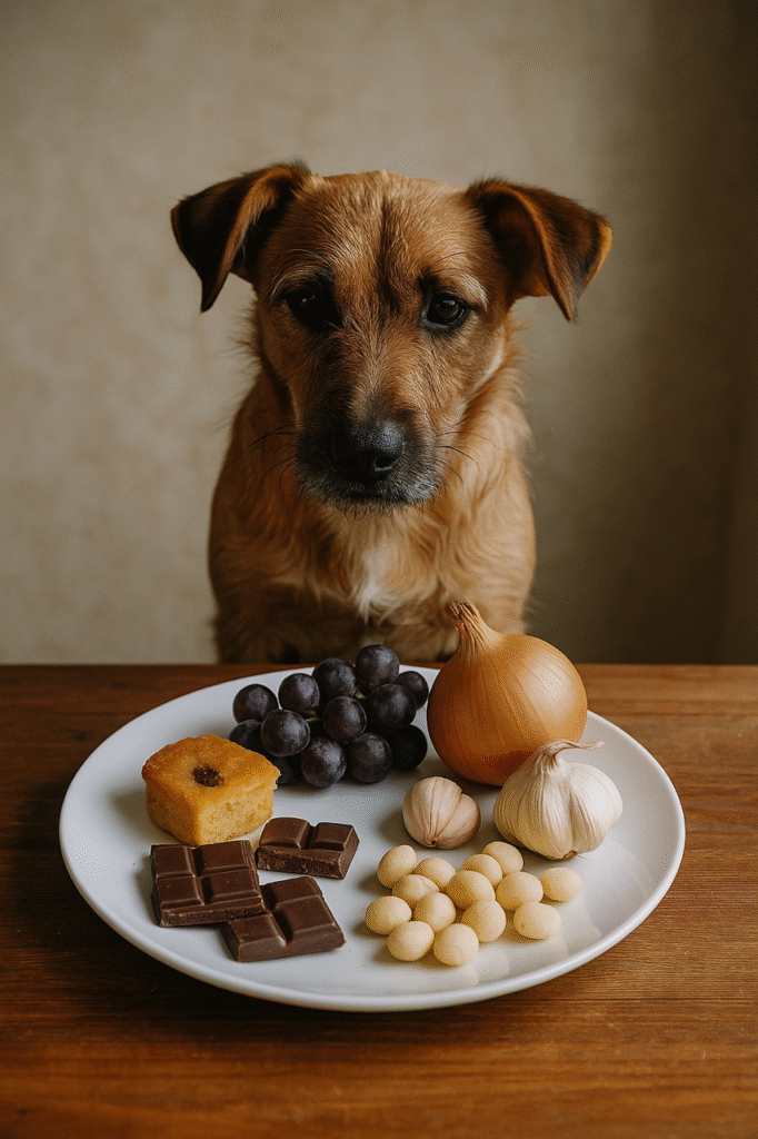 Pies w kuchni przy jedzeniu zawierającym zakazane produkty dla psa - obraz ostrzegawczy