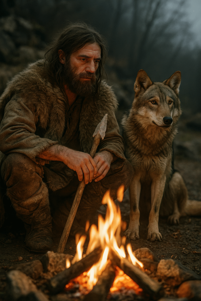 Człowiek epoki kamienia z wilkiem przy ognisku 