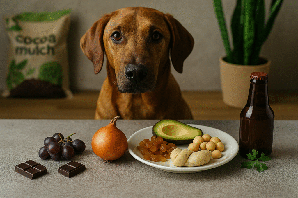 pies przy stole z niebezpiecznymi produktami dla psa - czekolada, winogrona, cebula, orzechy, awokado, rodzynki, orzechy makadamia