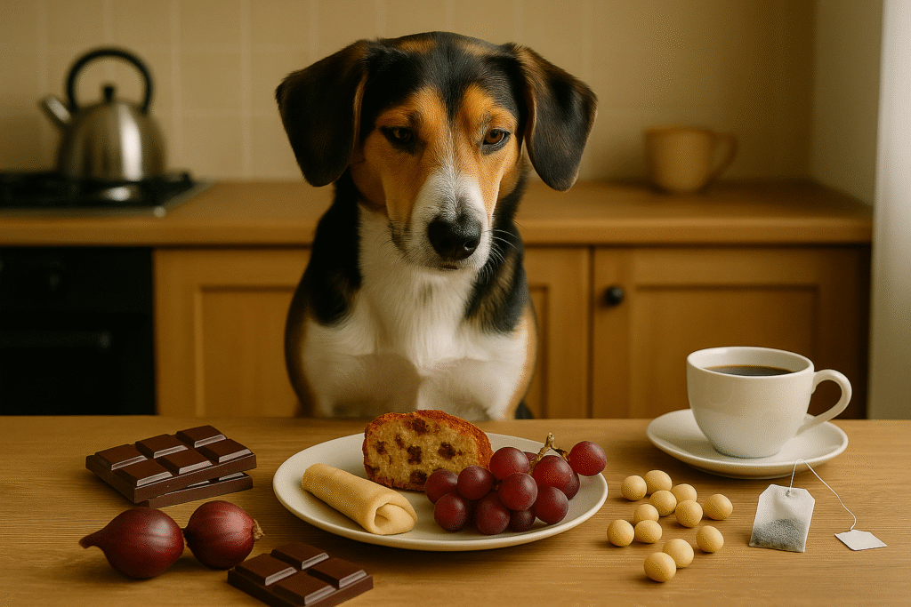 Na zdjęciu widać psa o czarno-biało-brązowym umaszczeniu siedzącego przy stole w jasnej, przytulnej kuchni. Na drewnianym blacie leży kilka produktów niebezpiecznych dla psów: kostki czekolady, kiść winogron, cebula, czosnek, orzechy makadamia, filiżanka z kawą i kubek z herbatą. Pies spogląda na jedzenie z ciekawością, a całość oświetla miękkie, naturalne światło wpadające przez okno.