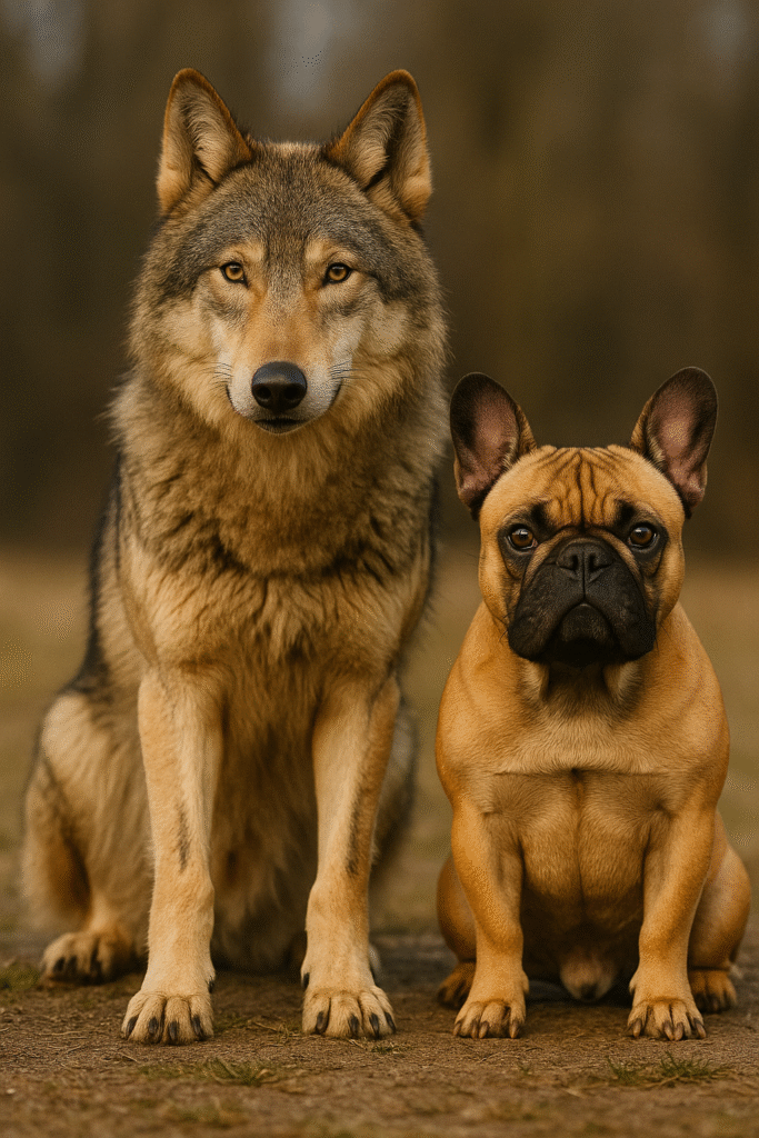 Porównanie sylwetki wilka i psa krótkopyskiego - różnice w budowie ciała. 