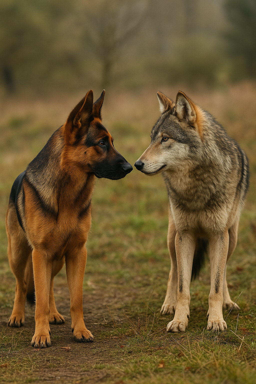 pes pasterski i wilk stoją naprzeciwko siebie na łące 
