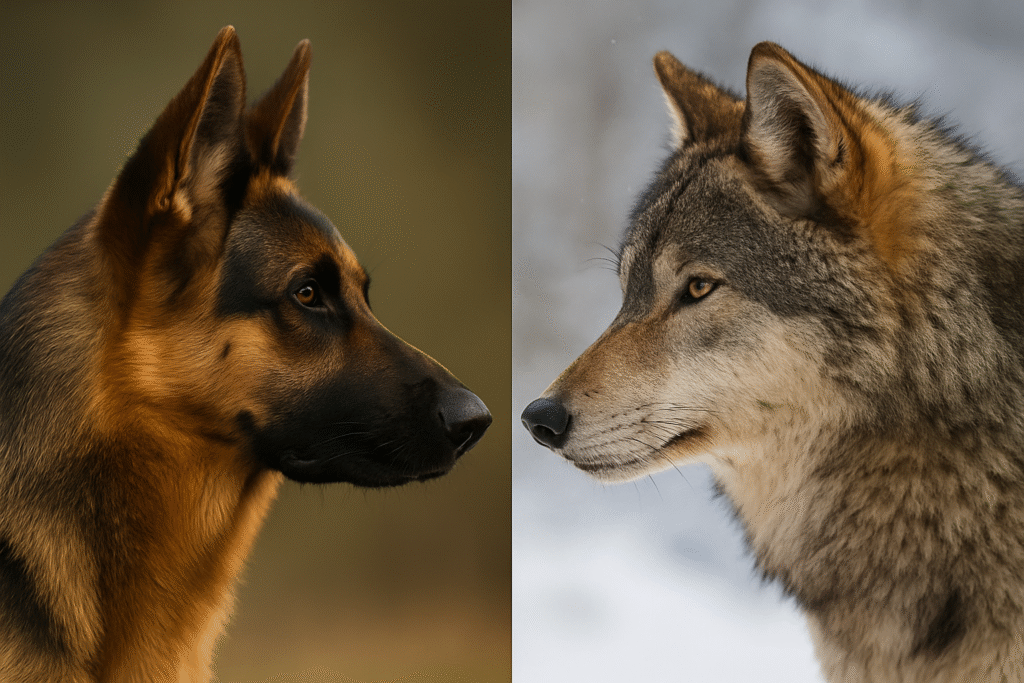 profil psa pasterskiego  i wilka - porównanie rysów pyska 