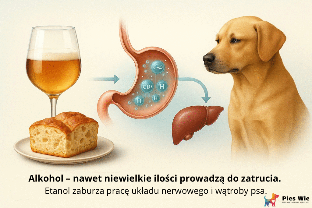 Infografika w realistycznym stylu 3D przedstawia wpływ alkoholu na organizm psa. Po lewej stronie znajduje się kieliszek z piwem i butelka, po środku widoczny jest przekrój żołądka i wątroby psa, w których unoszą się cząsteczki etanolu symbolizujące wchłanianie alkoholu do krwiobiegu. Po prawej stronie pokazano psa z lekkim wyrazem osłabienia i dezorientacji. U dołu widnieje podpis: „Alkohol – nawet niewielkie ilości prowadzą do zatrucia. Etanol zaburza pracę układu nerwowego i wątroby psa.
