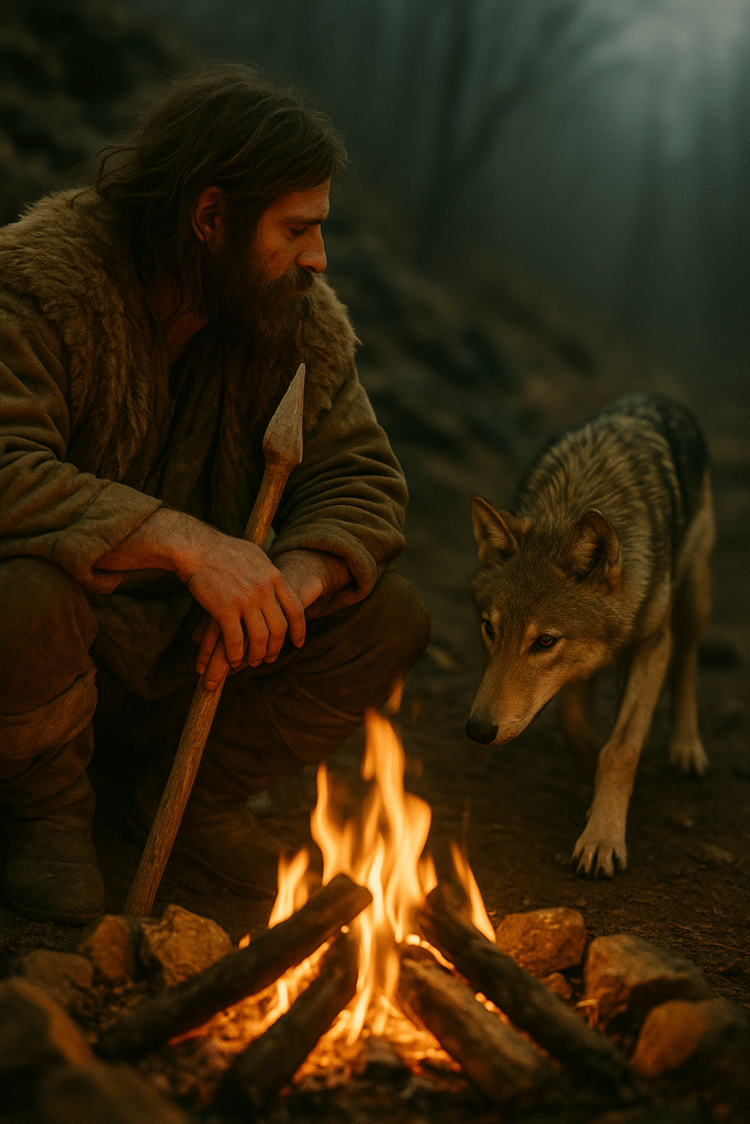 Prehistoryczny człowiek siedzi przy ognisku spogląda ostrożnie na młodego wilka, który skrada się w jego stronę. Scena symbolizuje pierwszy kontakt człowieka i wilka, z którego narodziła się więź prowadząca do udomowienia psa. 