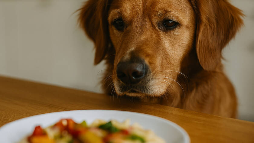 pies golden retriver - siedzi przed talerzem z zakazanym jedzeniem dla psów. Zdjęcie ostrzegawcze