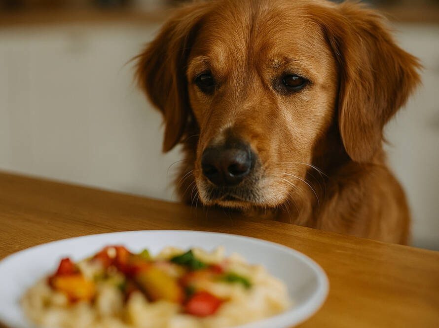 pies golden retriver - siedzi przed talerzem z zakazanym jedzeniem dla psów. Zdjęcie ostrzegawcze