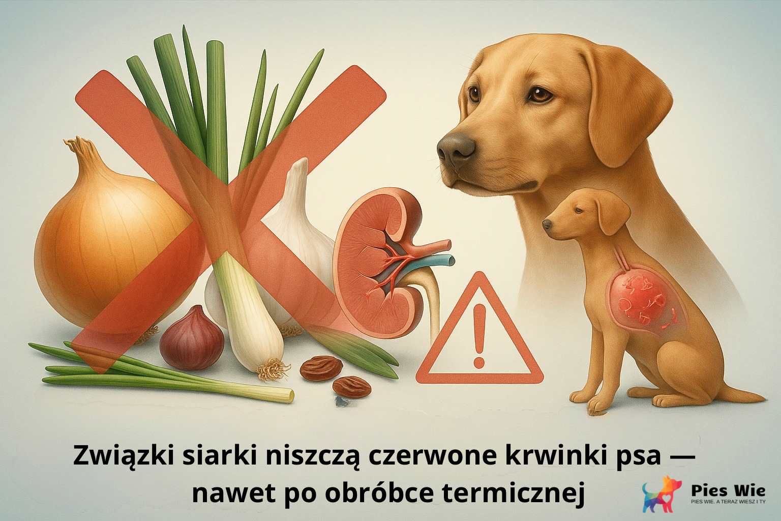 Infografika w realistycznym stylu 3D przedstawia toksyczne dla psa warzywa: cebulę, czosnek, szczypior i por. Po lewej stronie widoczne są realistyczne warzywa przekreślone dużym, półprzezroczystym czerwonym znakiem X. W centrum umieszczono ilustrację czerwonych krwinek z widocznymi mikrouszkodzeniami symbolizującymi działanie związków siarki. Po prawej stronie znajduje się sylwetka psa w neutralnej pozie. U dołu widnieje podpis: „Związki siarki niszczą czerwone krwinki psa — nawet po obróbce termicznej.” oraz dopisek: „Nie dodawaj do psich posiłków ‘ludzkich’ przypraw!