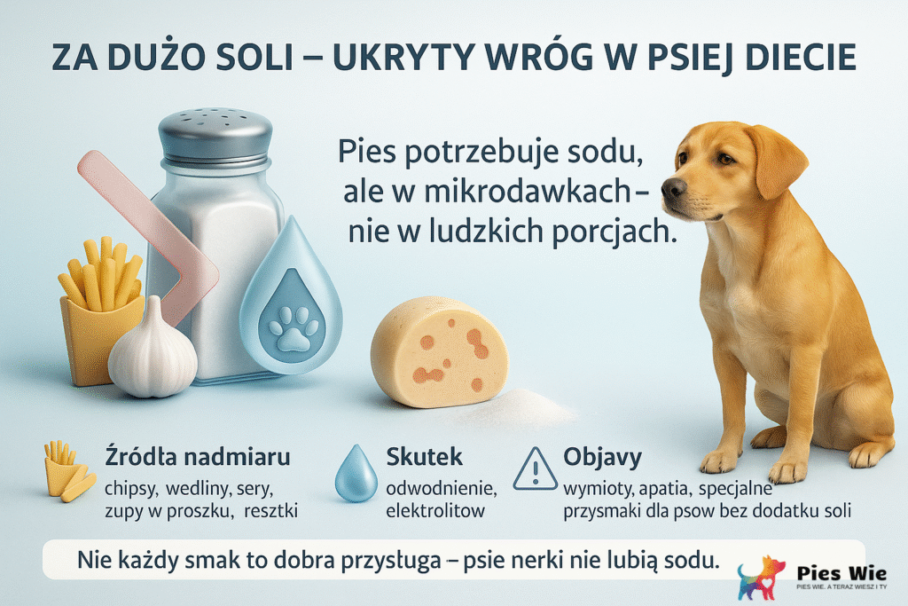 infografika w chłodnej, błękitno-szarej tonacji przedstawia zagrożenia wynikające z nadmiaru soli w diecie psa. Na górze widnieje tytuł „🧂 Za dużo soli – ukryty wróg w psiej diecie”. W centrum znajduje się symbol soli i wody obok hasła: „Pies potrzebuje sodu, ale w mikrodawkach – nie w ludzkich porcjach.” Niżej cztery bloki z ikonami i tekstem:

1. 🍟 Źródła nadmiaru – chipsy, wędliny, sery, zupy w proszku, resztki z obiadu.

2. 💧 Skutek – odwodnienie, zaburzenia elektrolitów, drgawki.

3. ⚠️ Objawy – wymioty, apatia, sztywny chód, pragnienie.

4. ✅ Bezpieczniej – specjalne przysmaki dla psów bez dodatku soli.

Na dole umieszczono pasek z napisem: „Nie każdy smak to dobra przysługa – psie nerki nie lubią sodu.”