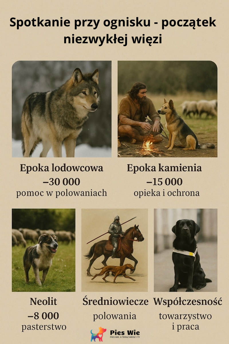Infografika - historia psa od epoki lodowcowej po współczesność. lustracja osi czasu. 
