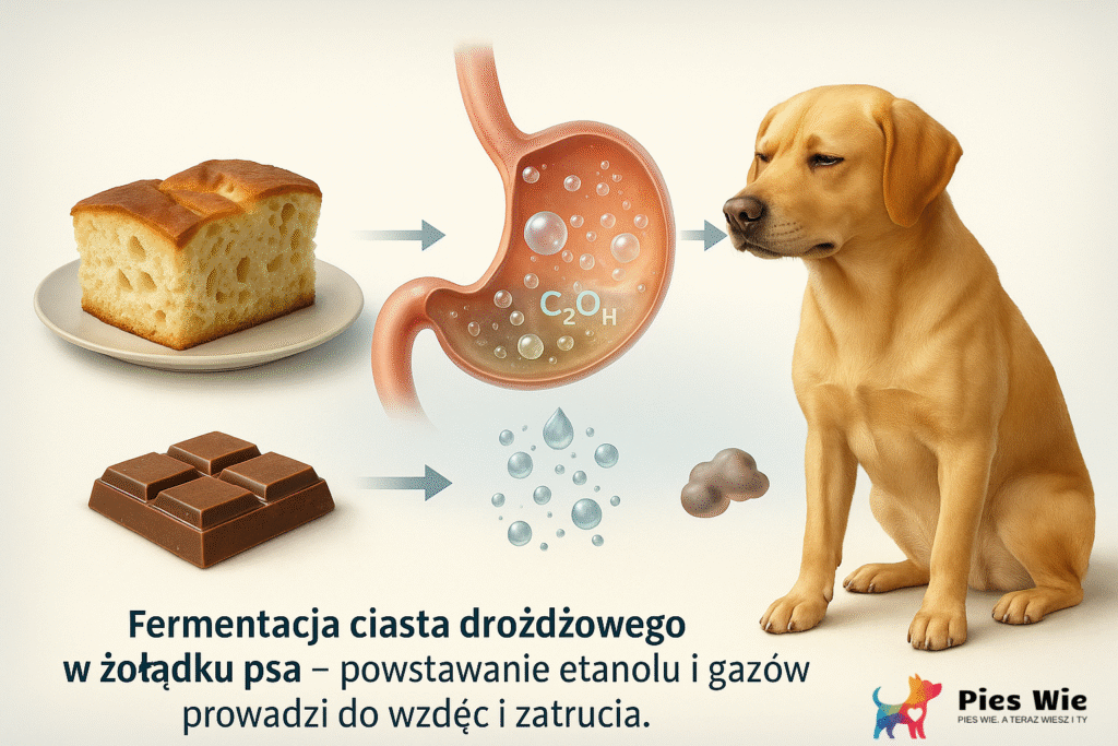 Infografika przedstawia proces fermentacji ciasta drożdżowego w żołądku psa w realistycznym stylu 3D. Po lewej stronie widoczny jest kawałek ciasta drożdżowego, po środku znajduje się półprzezroczysty żołądek psa, w którym zachodzi fermentacja – unoszą się pęcherzyki gazu i cząsteczki etanolu. Po prawej stronie pokazano psa z lekkim wyrazem dyskomfortu. U dołu umieszczony jest podpis: „Fermentacja ciasta drożdżowego w żołądku psa – powstawanie etanolu i gazów prowadzi do wzdęć i zatrucia.
