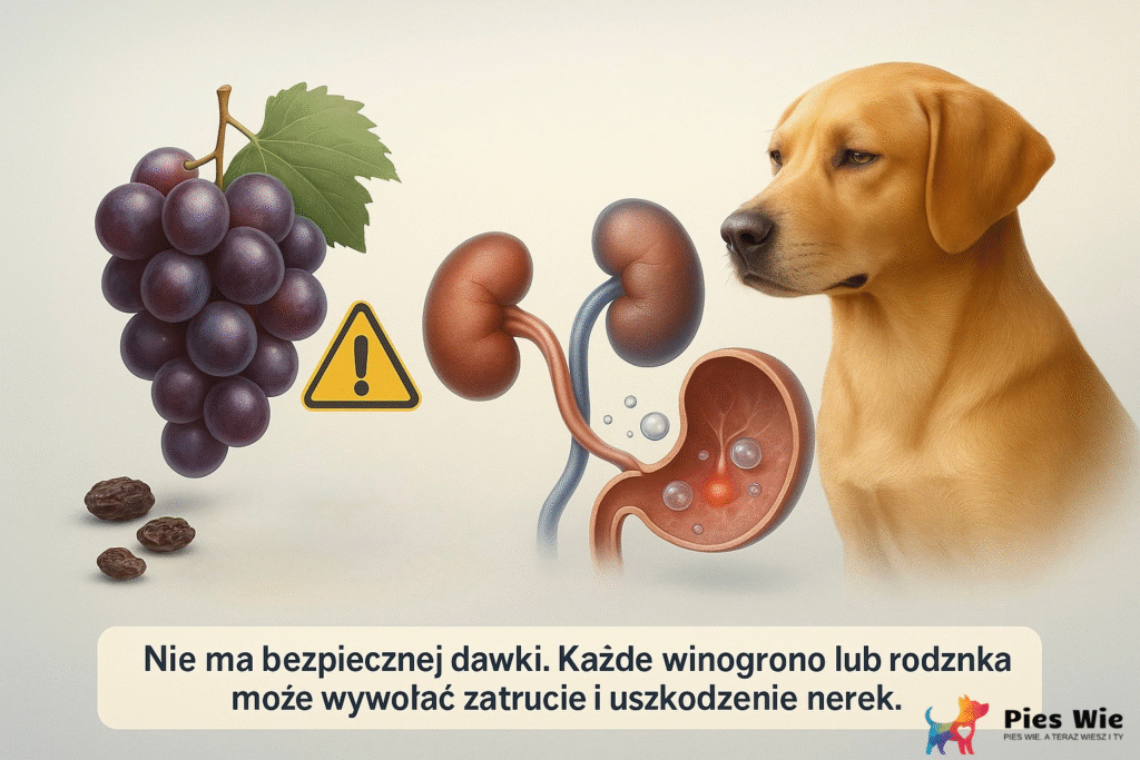 Infografika w realistycznym stylu 3D przedstawia zagrożenie, jakie stanowią winogrona i rodzynki dla psów. Po lewej stronie widać kiść winogron, kilka rodzynek oraz żółty znak ostrzegawczy ⚠️. W centrum znajduje się para nerek psa — jedna z nich przekrojona, z widocznymi objawami uszkodzenia i stanem zapalnym. Po prawej stronie pokazano psa, który wygląda na osłabionego. U dołu widnieje podpis: „Nie ma bezpiecznej dawki. Każde winogrono lub rodzynka może wywołać zatrucie i uszkodzenie nerek.