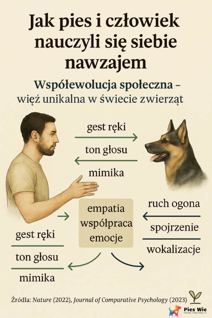 Infografika współewolucji psa i człowieka - gesty, głos, emocje i sygnały budujące więź.