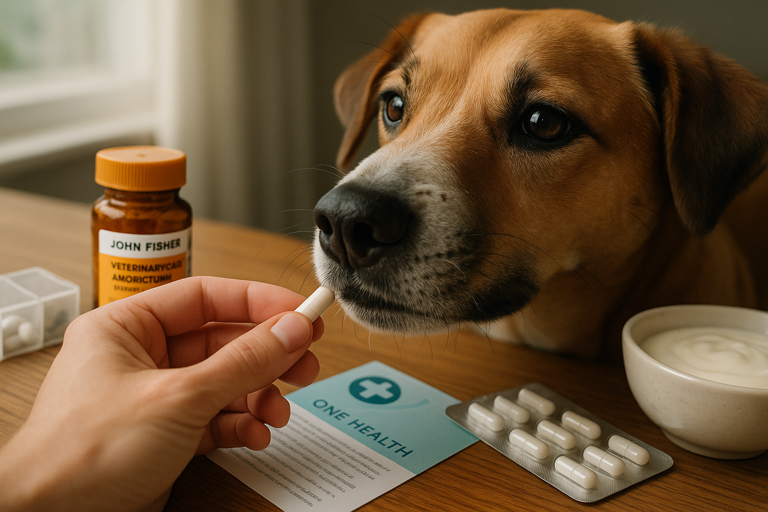 Opiekun podaje psu kapsułkę leku - symbol odpowiedzialnego stosowania antybiotyków i troski o wspólny mikrobiom psa i człowieka zgodnie z zasadą One Health.