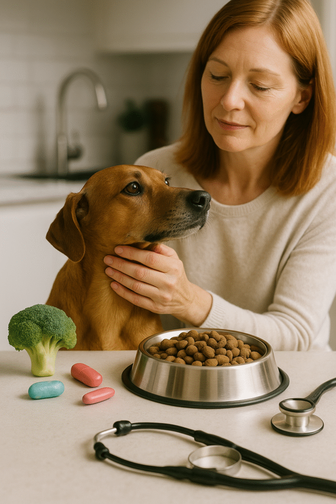 Kobieta dba o zdrowie swojego psa poprzez dietę, witaminy i probiotyki - wspólna troska o psa i człowieka w codziennej profilaktyce.