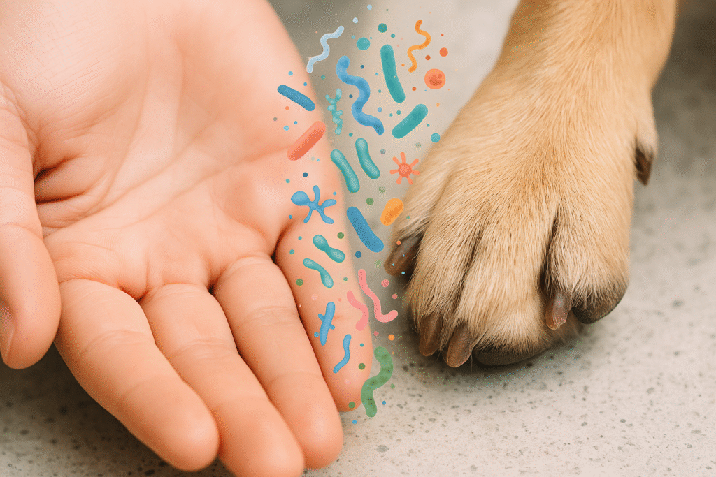 Zbliżenie dłoni człowieka i łapy psa, pomiędzy nimi kolorowe ilustracje bakterii - symbol wspólnego mikrobiomu psa i człowieka. 