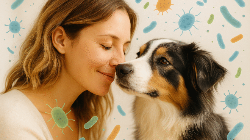 Kobieta dotyka nosem psa, otoczona ilustracjami bakterii - symbol bliskości i wspólnego mikrobiomu psa i człowieka.