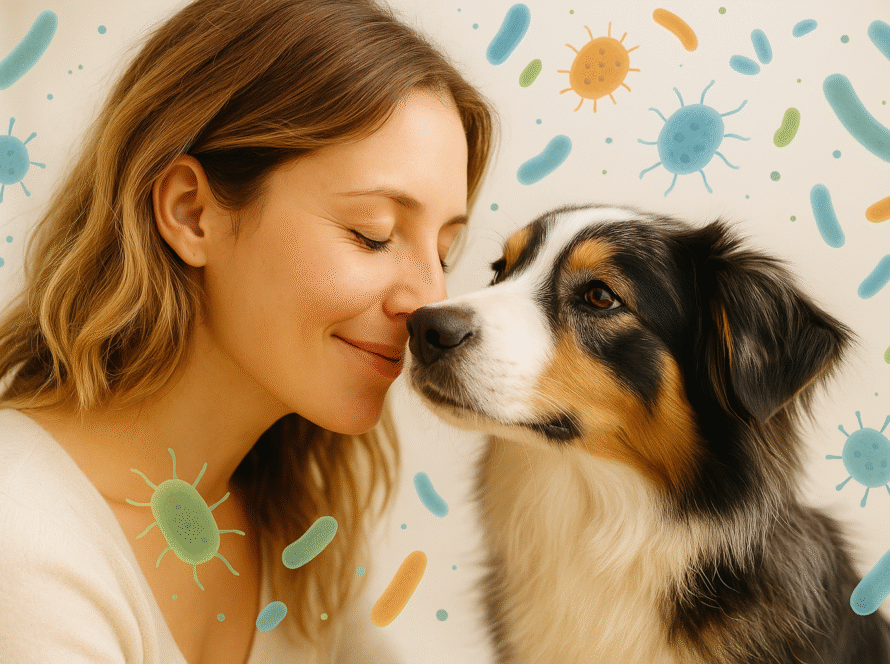Kobieta dotyka nosem psa, otoczona ilustracjami bakterii - symbol bliskości i wspólnego mikrobiomu psa i człowieka.