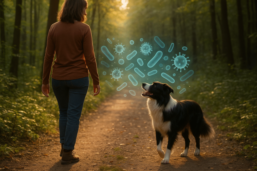 Kobieta spaceruje z psem po lesie, pomiędzy nimi krążące bakterie symbolizując wymianę mikroorganizmów między nimi.