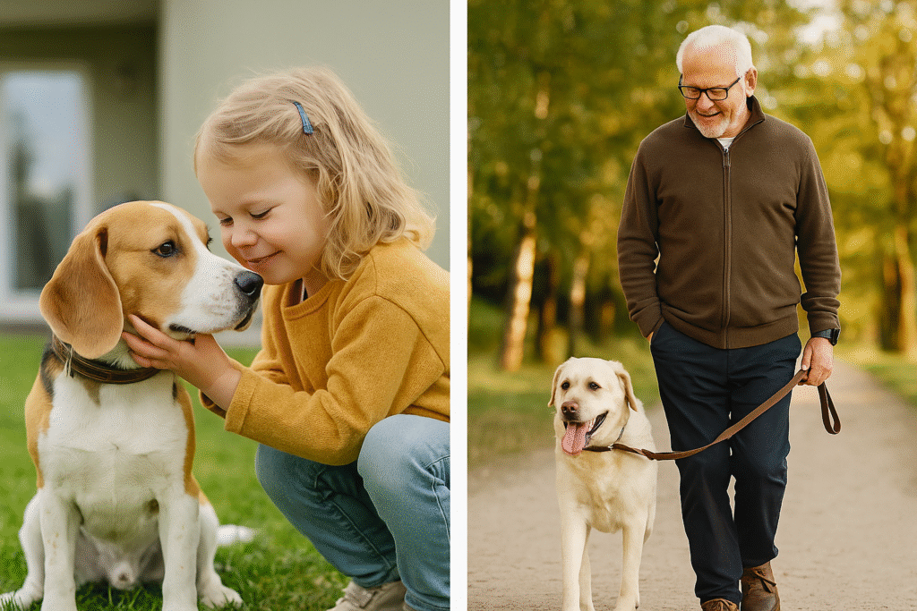 Dziewczyna przytula psa i senior spaceruje z pupilem - pokazanie, jak kontakt z psem wspiera mikrobiom psa i człowieka, odporność dzieci i zdrowie seniorów.