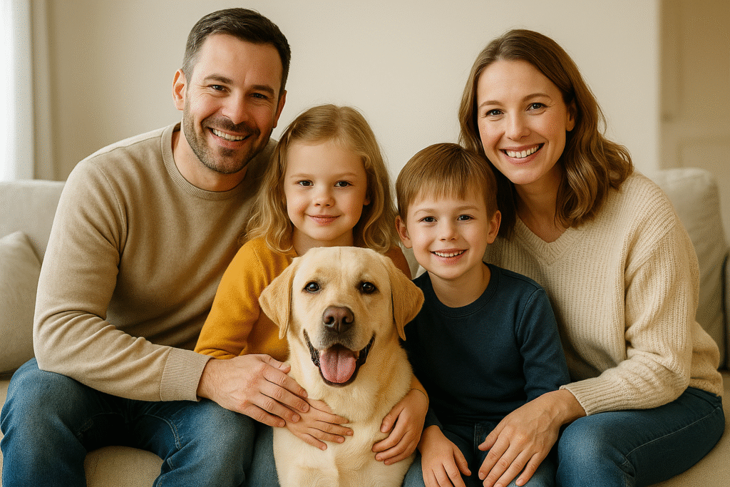 Rodzina z dwójka dzieci siedzi razem na kanapie, a pomiędzy nimi pies  - pokazanie, że domowników łączą wspólne bakterie