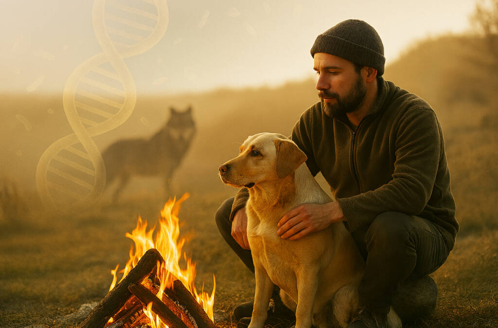 Mężczyzna siedzi przy ognisku z psem, w tle sylwetka wilka i symbol DNA - metafora wspólnej ewolucji i powiązań genetycznych