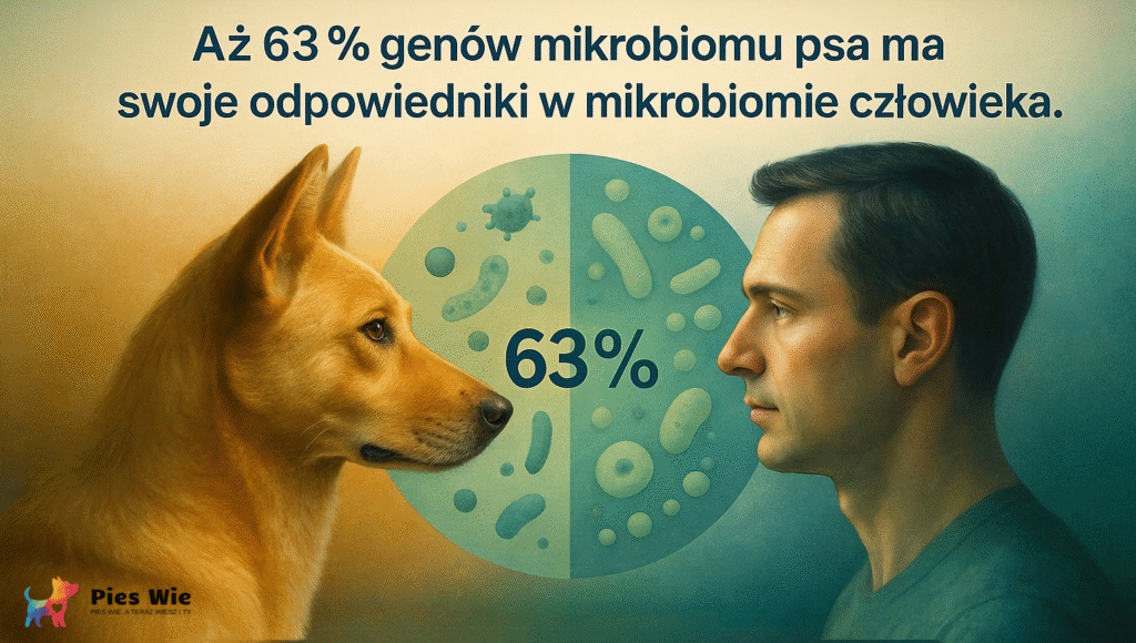 Grafika pokazuje psa i człowieka patrzących na siebie, z napisem: 63% genów mikrobiomu psa ma odpowiedniki w mikrobiomie człowieka.