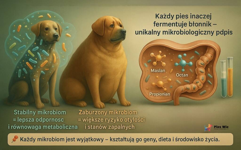 Infografika pokazuje różnice między stabilnym a zaburzonym mikrobiomem psa, z opisem fermentacji błonnika i produkcji maślanu, octanu i propionianu.