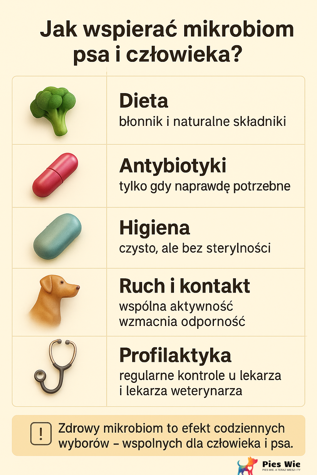 Infografika przedstawia, jak wspierać mikrobiom psa i człowieka: dieta z błonnikiem, ograniczone stosowanie antybiotyków, higiena bez sterylności, wspólna aktywność i regularna profilaktyka.