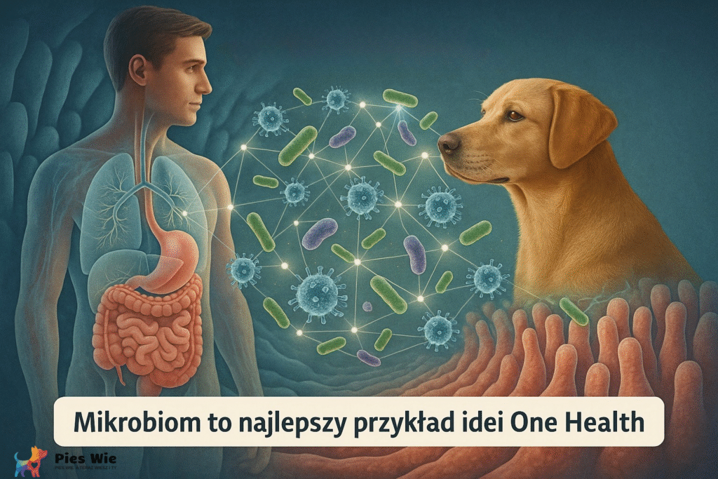 Grafika przedstawiająca jelita jako największy rezerwuar mikrobiomu u psa i człowieka - ilustracja koncepcji One Health