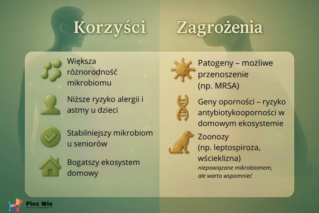 Infografika przedstawia korzyści i zagrożenia wspólnego mikrobiomu psa i człowieka - większa różnorodność bakterii, niższe ryzyko alergii, ale też ryzyko patogenów i oporności na antybiotyki.